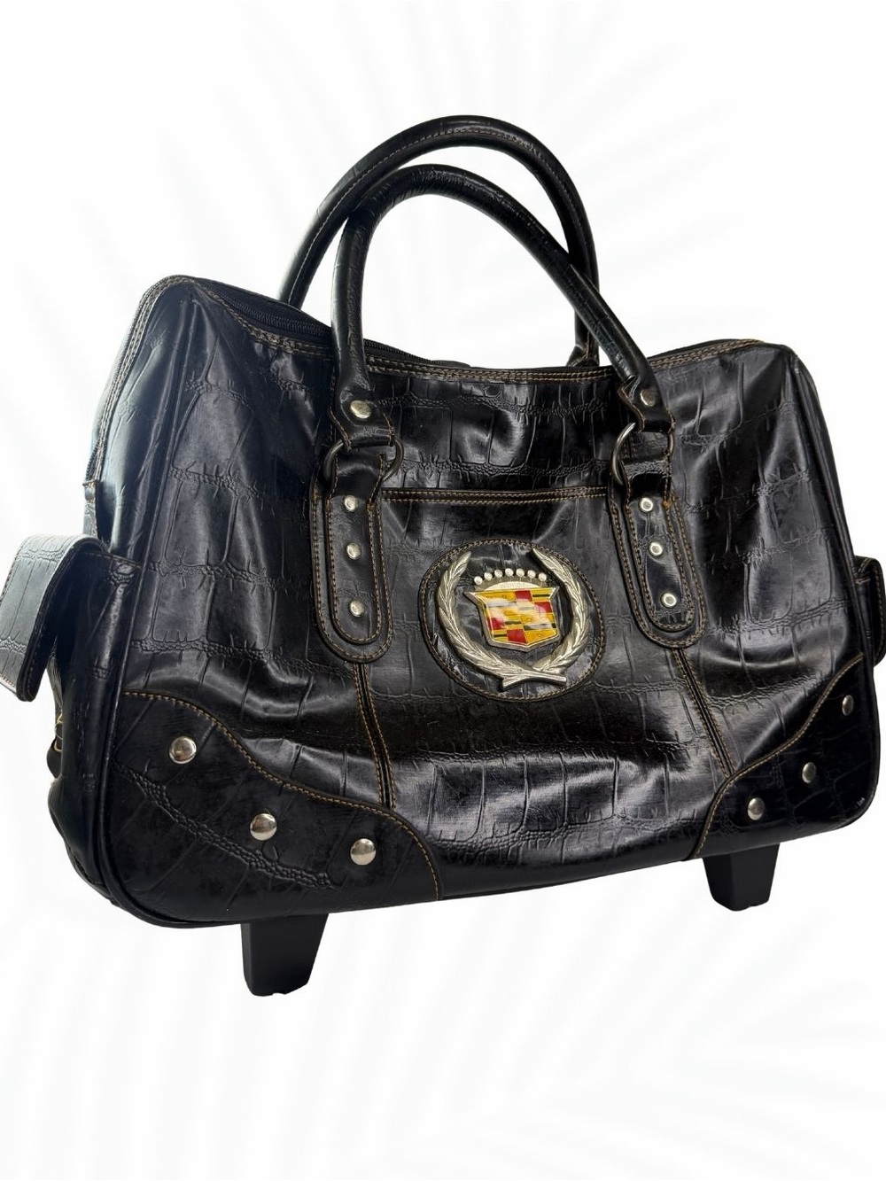 Vintage Cadillac Rolling Carry On Bag Black Croc Embossed Luggage Wheels
